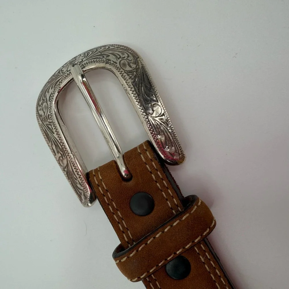 Vtg Justin Belt Mens 36 Brown Leather Silver Tone Buckle Concho Western Cowboy